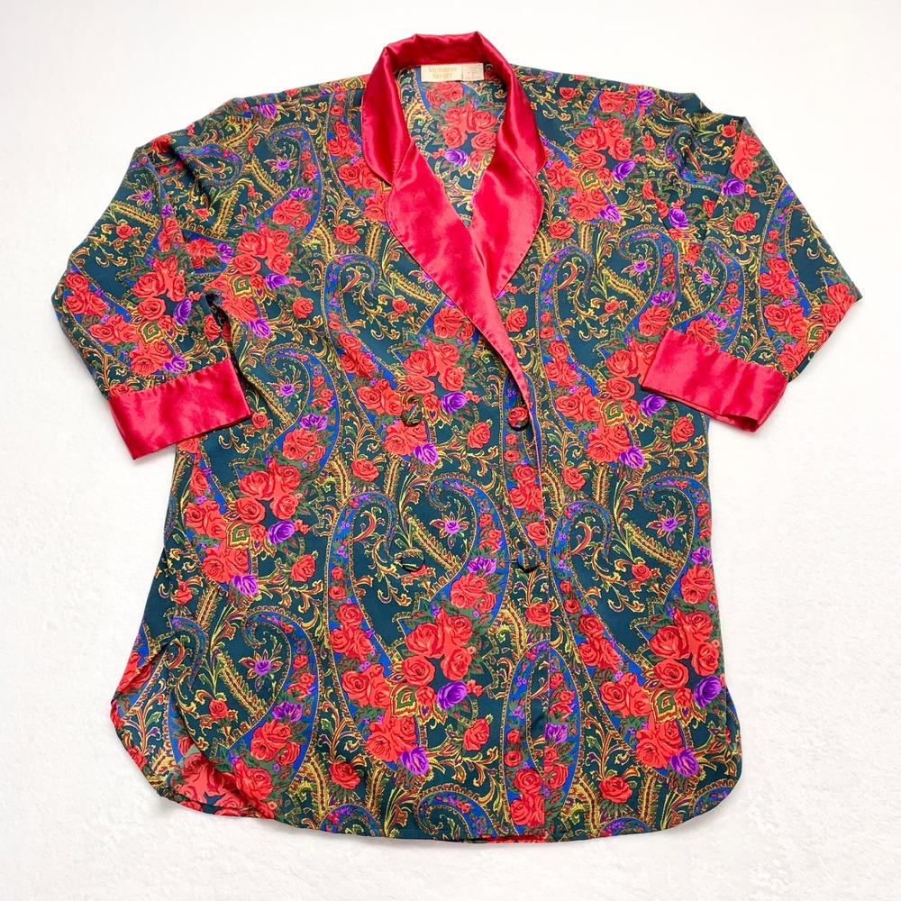 Victoria's Secret Vintage Gold Label Sleep Shirt Womens Size S Red Paisley Satin